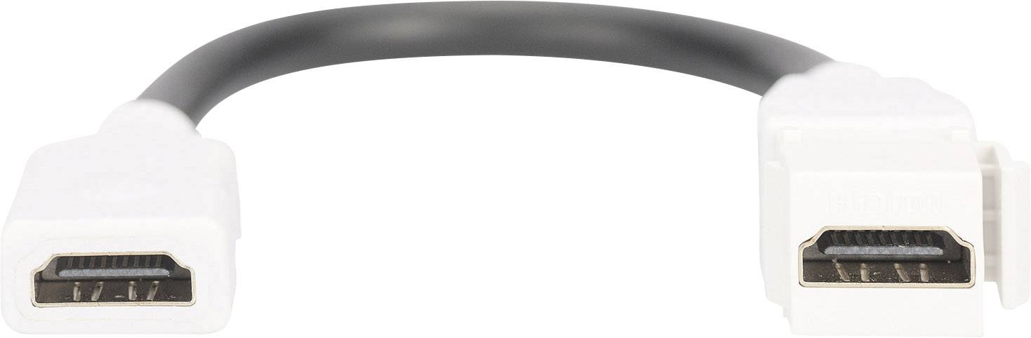 Kort HDMI-förlängningskabel med svart kabel och vita kontakter, lämpligt för överföring av ljud- och videosignaler.