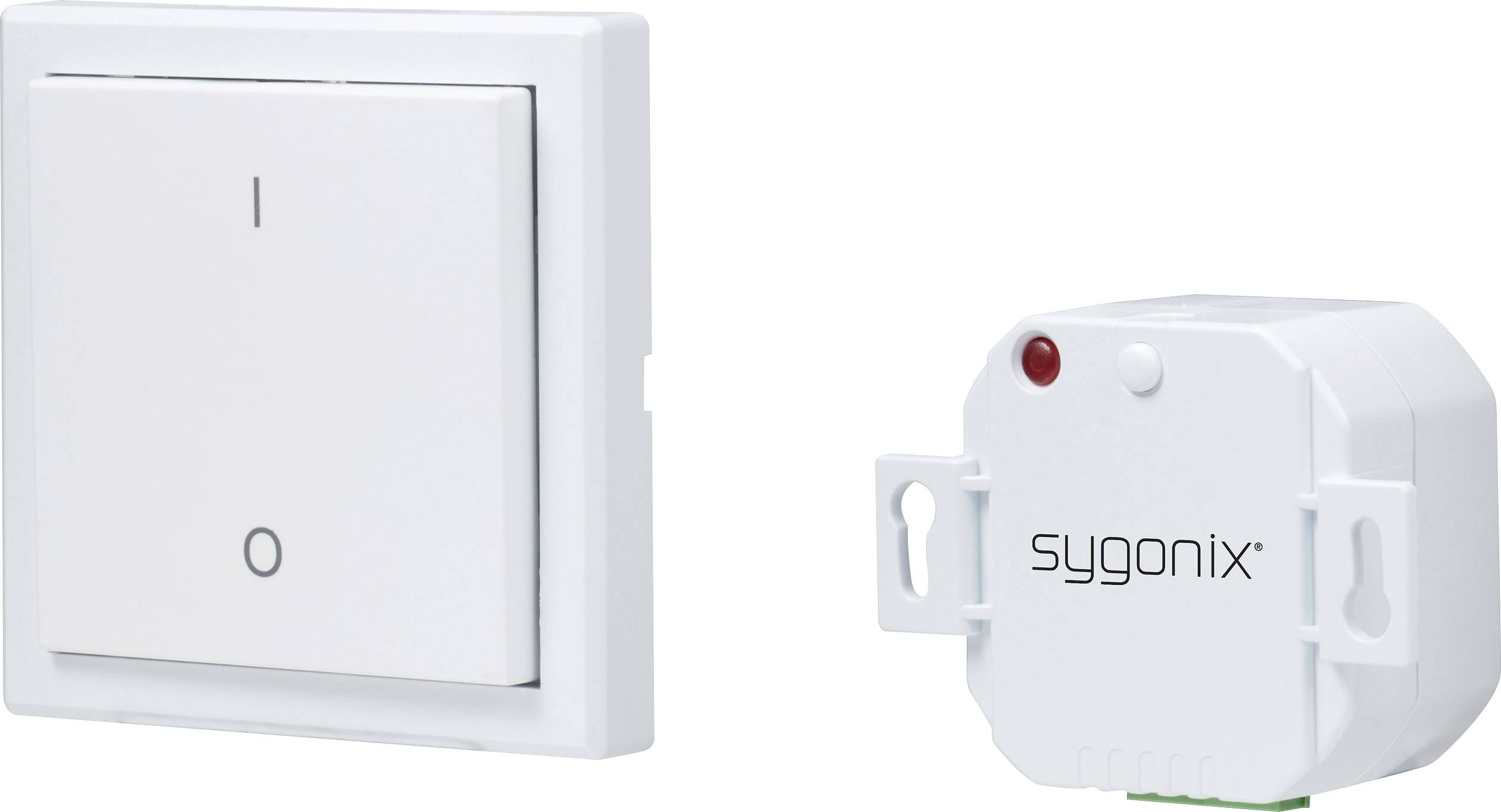 En vit väggbrytare med I/O-symboler och en vit Sygonix-modul som används för styrning av elektriska apparater.