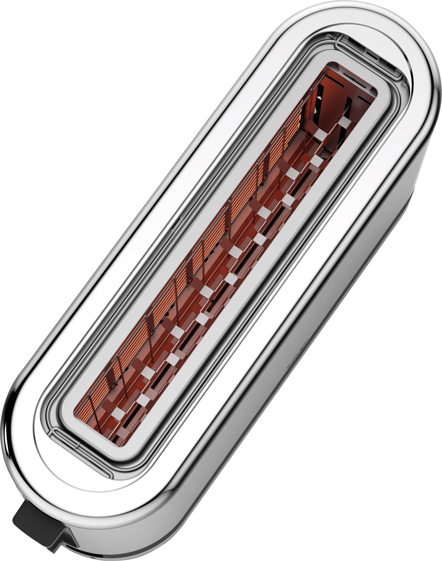 En elektrisk radiator med modernt, rektangulärt design och kromad hölje. Synlig värmespiral inuti.