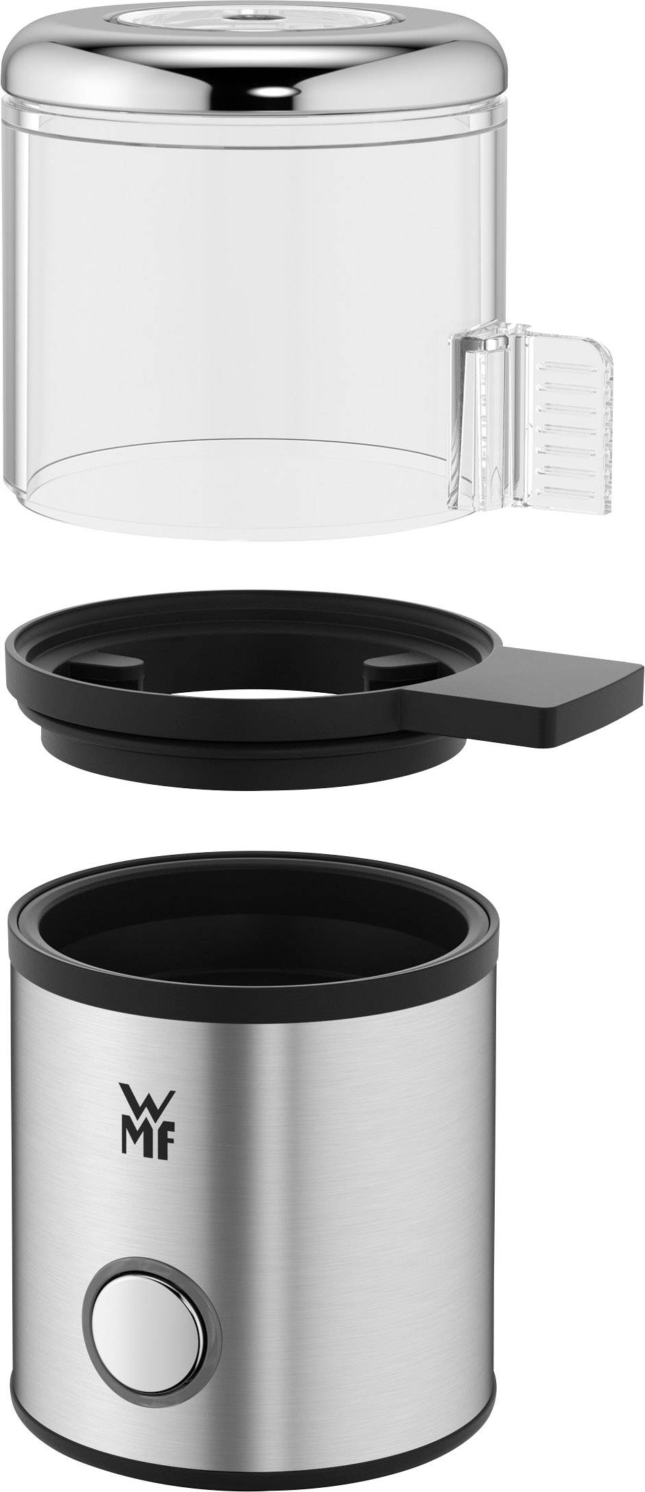 En tredelad elektrisk mjölkskummare i rostfritt stål. Bestående av ett transparent lock, påsats och basenheten.