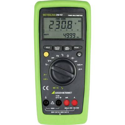 Ett digitalt multimeter med grönt hölje visar '230,8 V AC' på displayen. Det har olika inställningsknappar och anslutningar.
