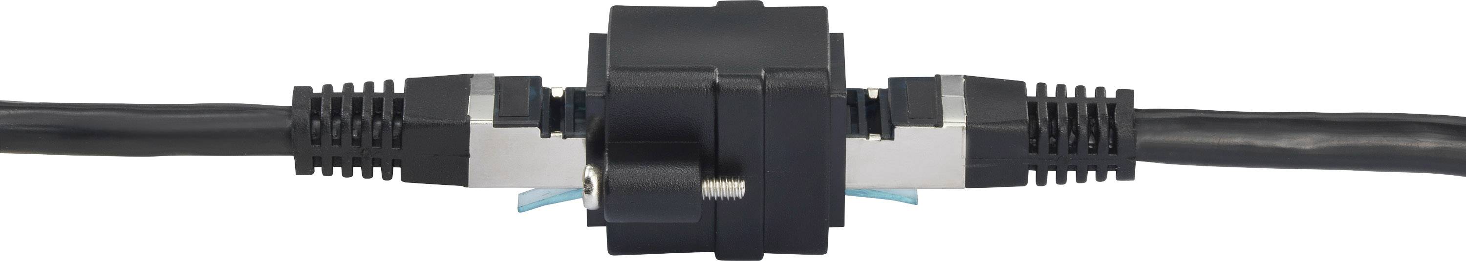 En svart kabelsladd förbinder två Ethernet-kablar. Kontakten är placerad i mitten och båda kablarna leder i motsatta riktningar.