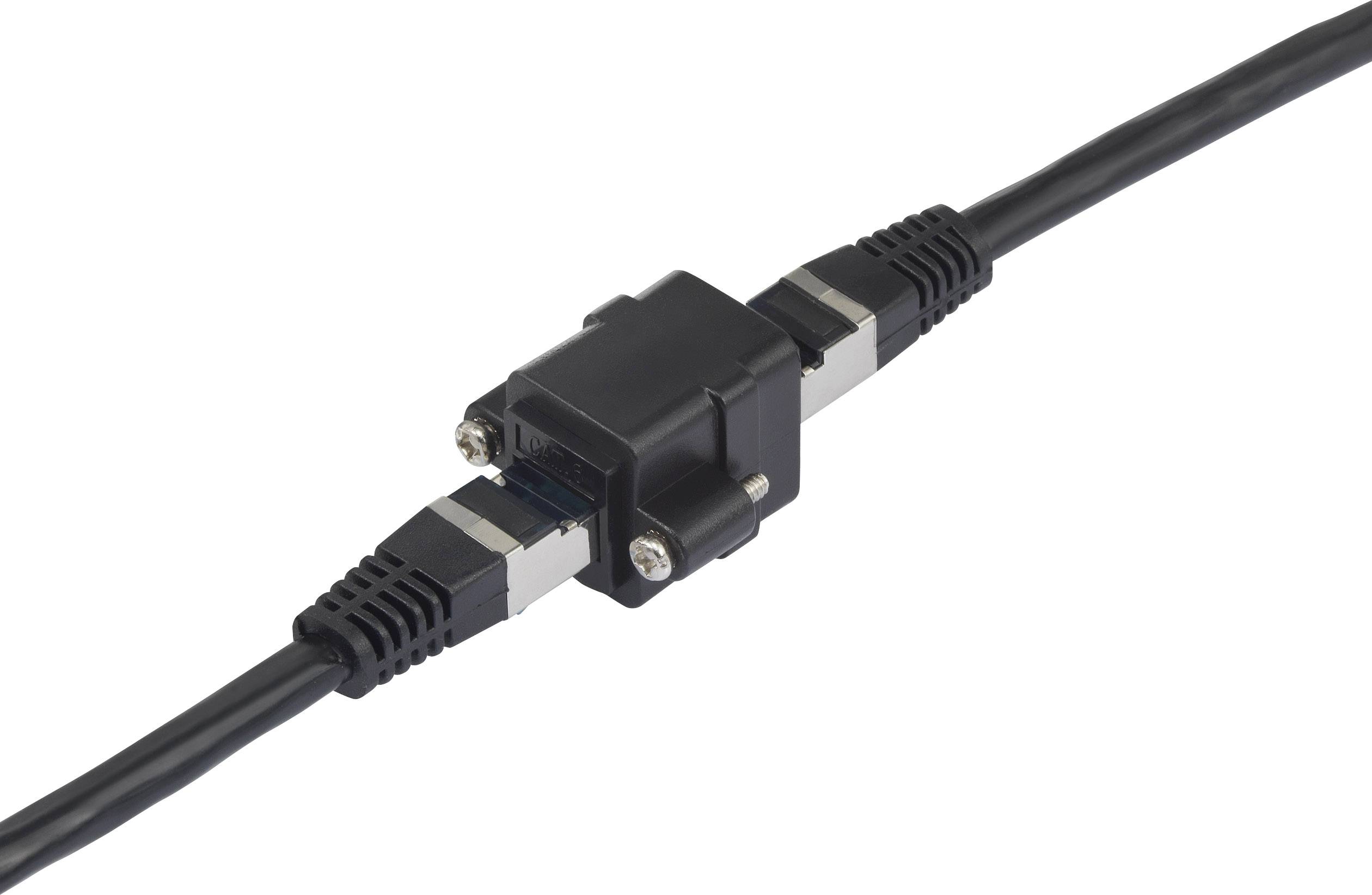 En svart Ethernet-kabel som är ansluten till en adapter. Adaptern har två skruvar och silverfärgade metallklamrar.