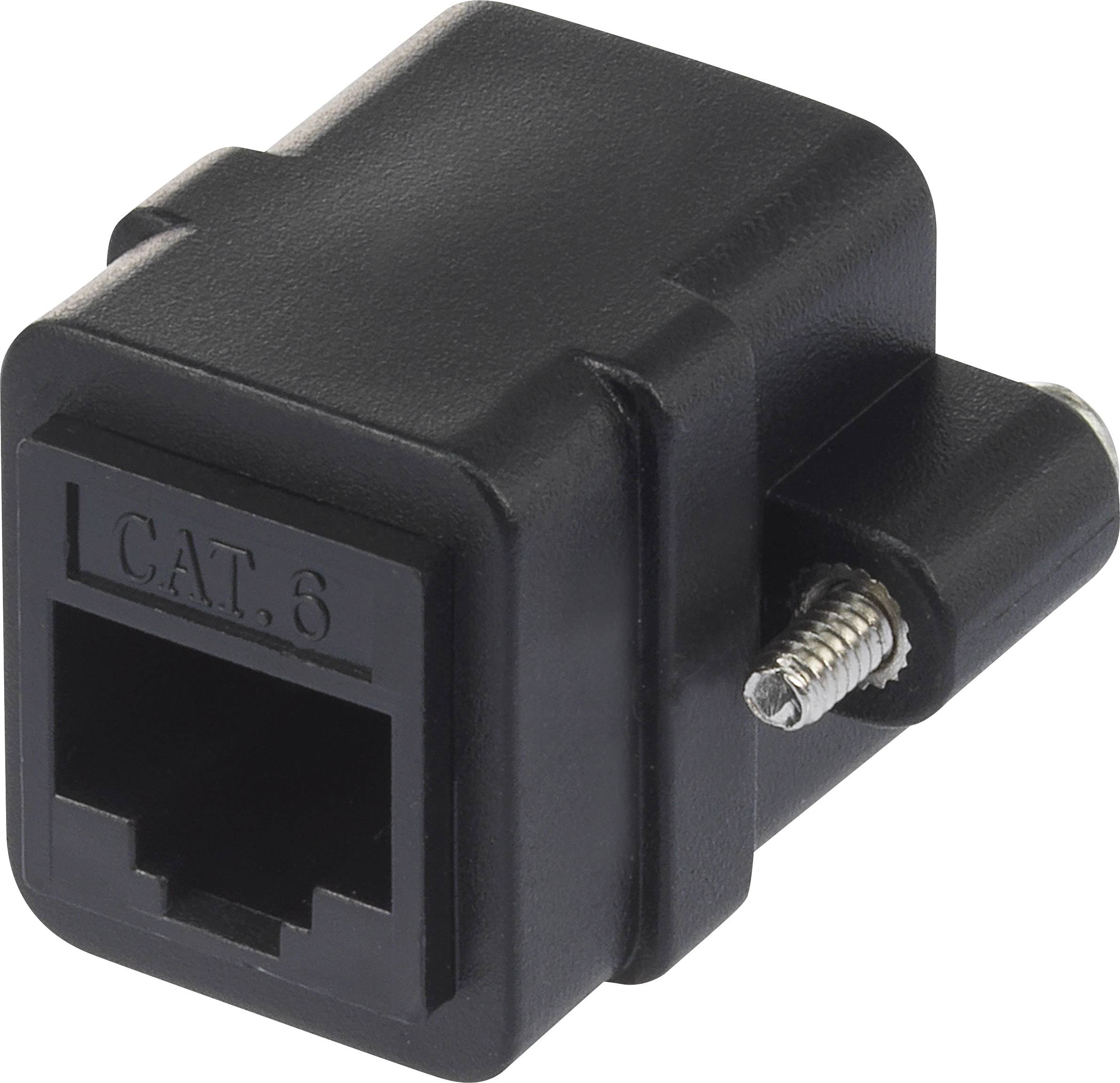En svart CAT.6-nätverksanslutningsadapter med rektangulär form och sidledes skruvfäste för anslutning av Ethernet-kablar.