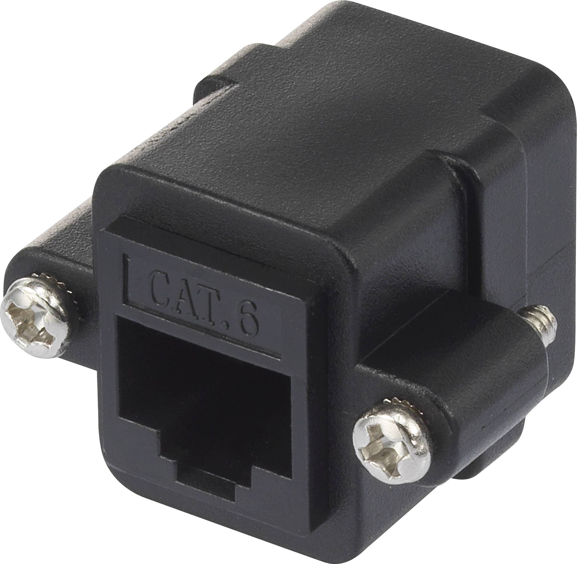 En svart CAT.6 nätverksadapter med RJ-45-uttag, lämplig för anslutning av Ethernet-kablar i nätverksinstallationer.