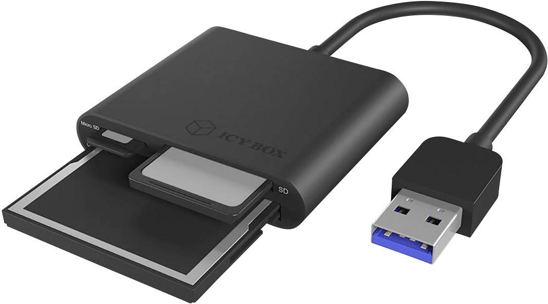 En USB-kortläsare med isatta SD-kort. Den är kompakt, svart, med en USB-kontakt för anslutning till datorer.