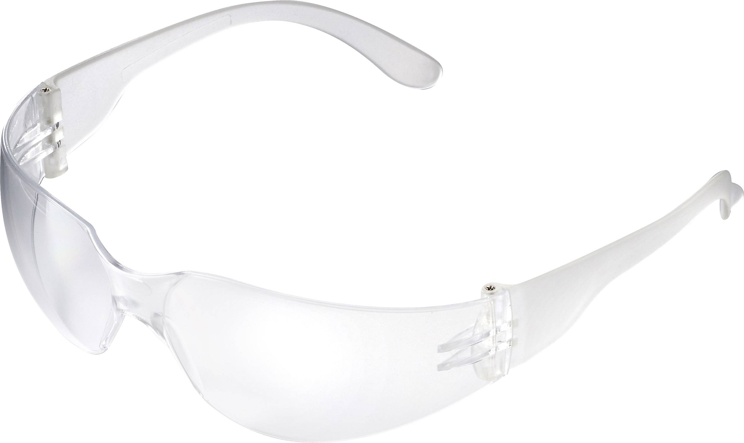 Skyddsglasögon av klar plast, med lätt böjd design, som ger ögonsskydd vid hantverks- eller industriarbeten.