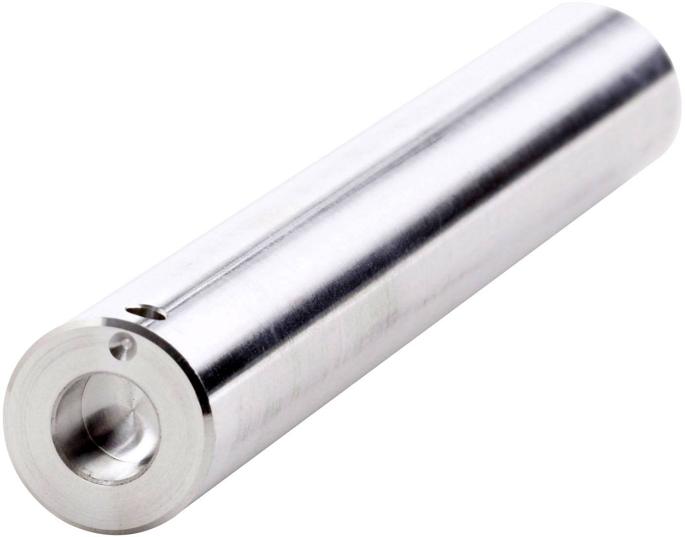 Cylindrisk metallstav med precisionsborrat hål och sidospår, högblank polerad. Används i mekaniska tillämpningar och konstruktioner.