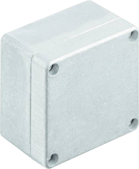 Metallisk kubformad låda med avrundade hörn och fyra skruvhål i hörnen.