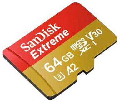 SanDisk Extreme microSD-kort, 64 GB, röd-guldfärg, lämplig för höghastighetsdataöverföring och 4K-videor.