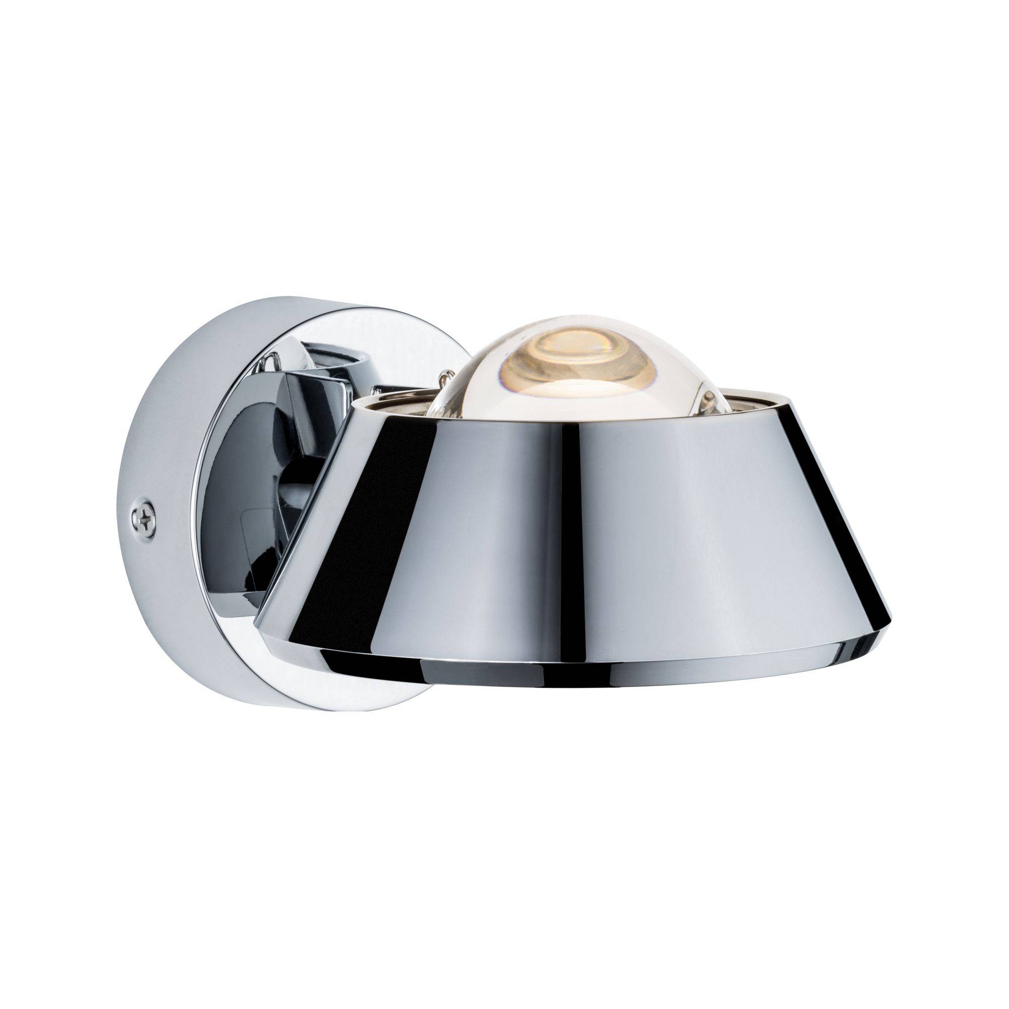 Liten, rund, modern vägglampa i polerad metall som lyser nedåt. Perfekt för moderna interiörer.