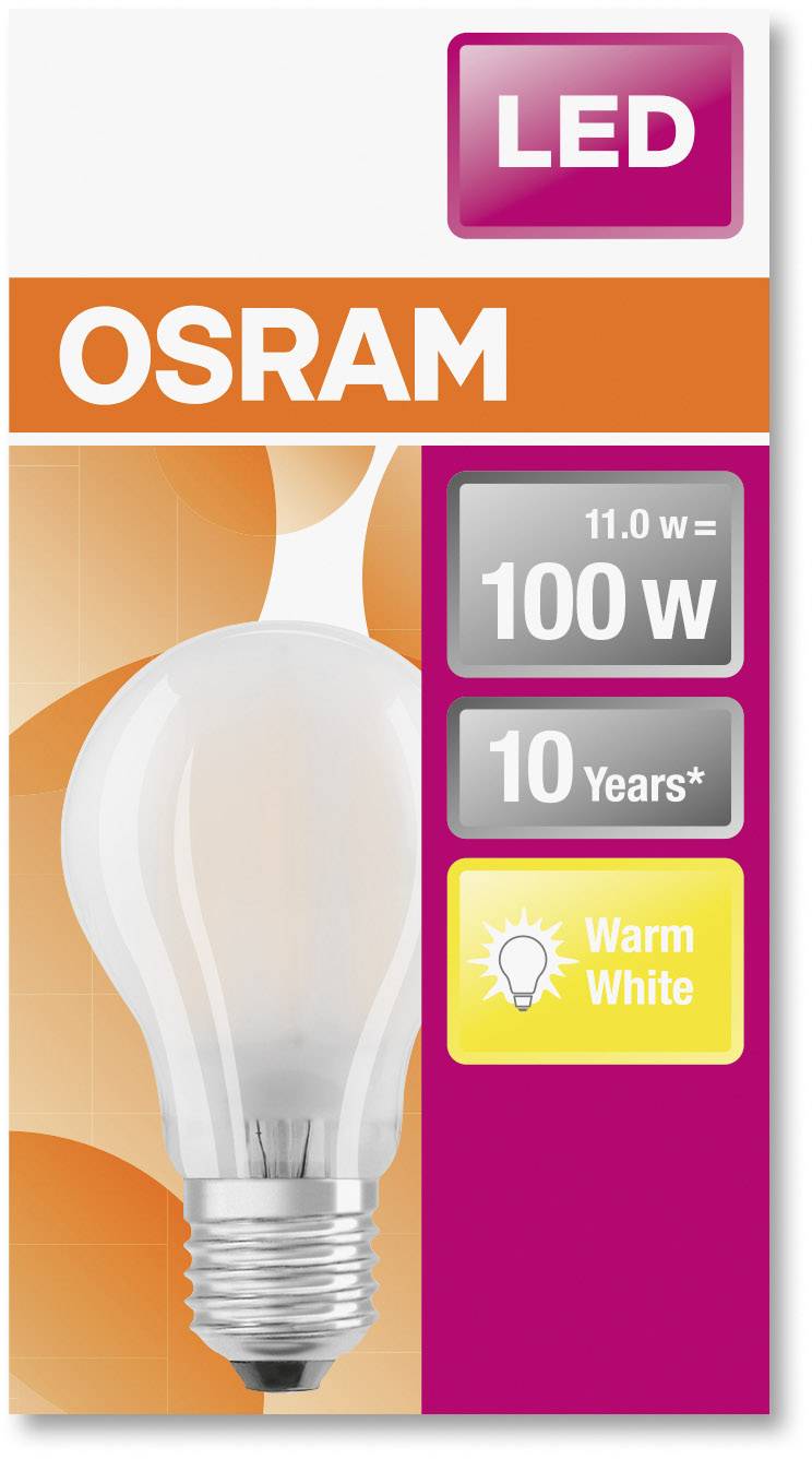 LED-glödlampa från OSRAM. Specifikationer: 11,0 W motsvarar 100 W, livslängd 10 år, ljusfärg 'Varmvitt'.