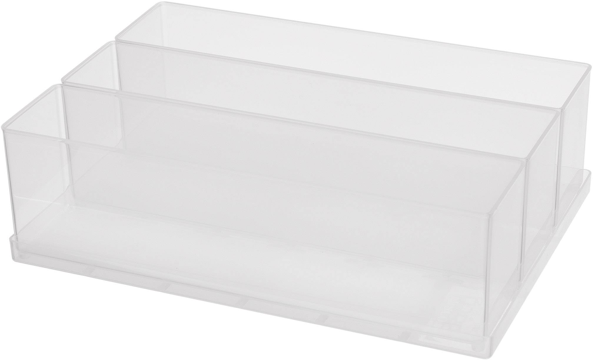 Transparent organiserare med tre nivåer för förvaring av kontorsmaterial. Perfekt för små föremål och tillbehör.