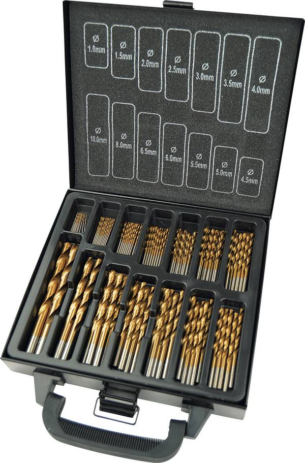 Brüder Mannesmann M54399 HSS Metall-spiralborrset 99 delar 1 mm, 1.5 mm, 2 mm, 2.5 mm, 3 mm, 3.5 mm, 4 mm, 4.5 mm, 5 mm, 5.5 mm, 6 mm, 6.5 mm, 8 mm, 10 mm TiN Cylinderskaft 1 set