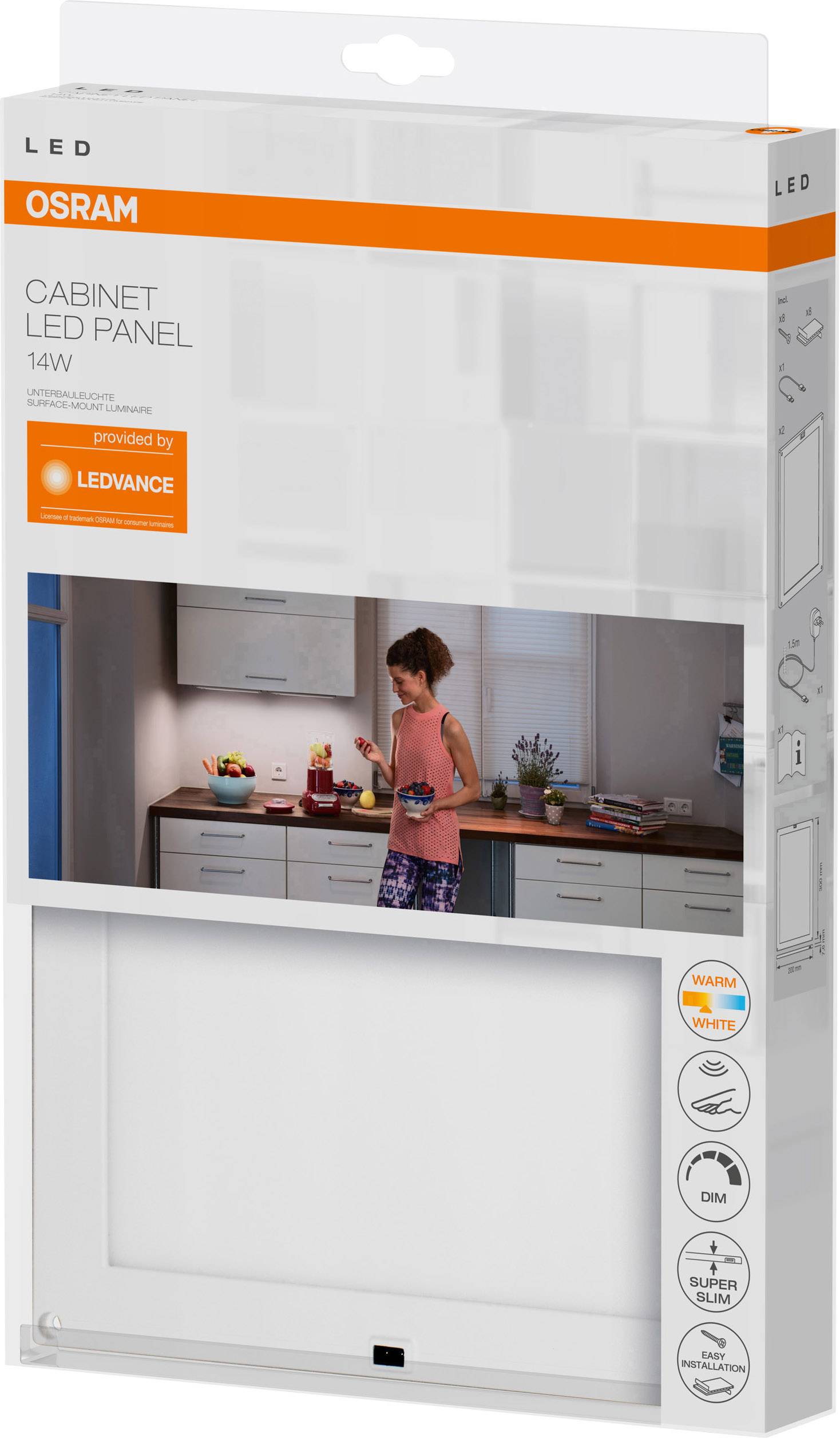 Förpackning av ett Osram Cabinet LED-panel på 14W. Visar ett belyst köksinredning och ett barn med en leksak.