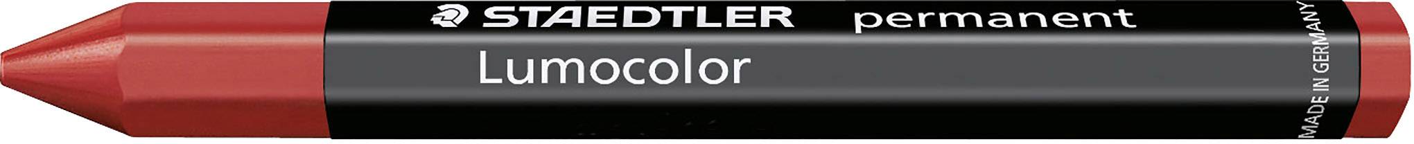En röd, rund Staedler Lumocolor permanent-marker, lämplig för skrivning på olika ytor.
