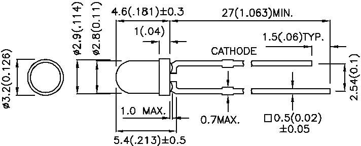LED-diagram med dimensioner i millimeter: Diameter 3,2, längd 5,4. Viktiga mått: Elektrodavstånd 2,54, markering 'Katod'.