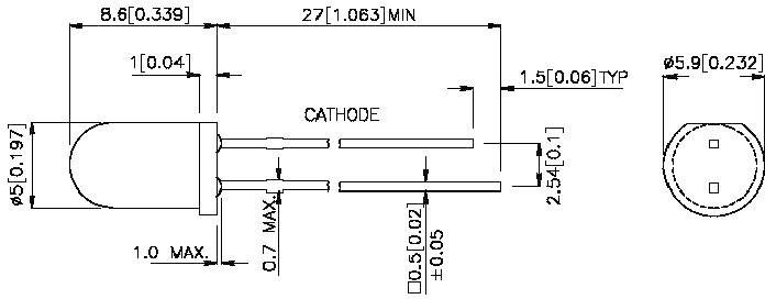 Teknisk ritning av en LED med dimensioner i millimeter och tum, visar komponentlängder och -diameter, samt katodmarkering.