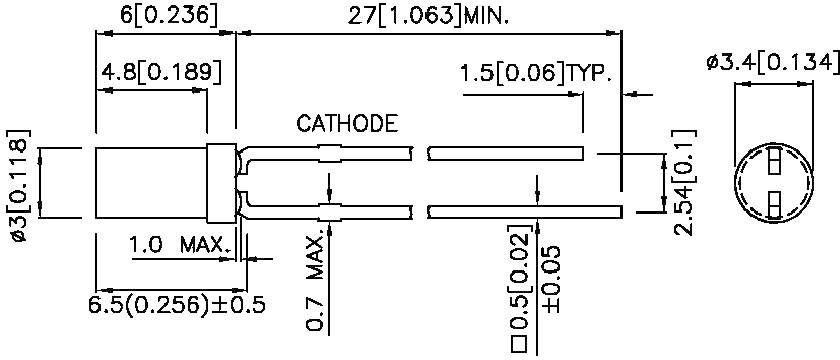 Dimensioner och anslutningar för en elektronisk komponent med katod, längdangivelser i tum, visad från ovan och från sidan.