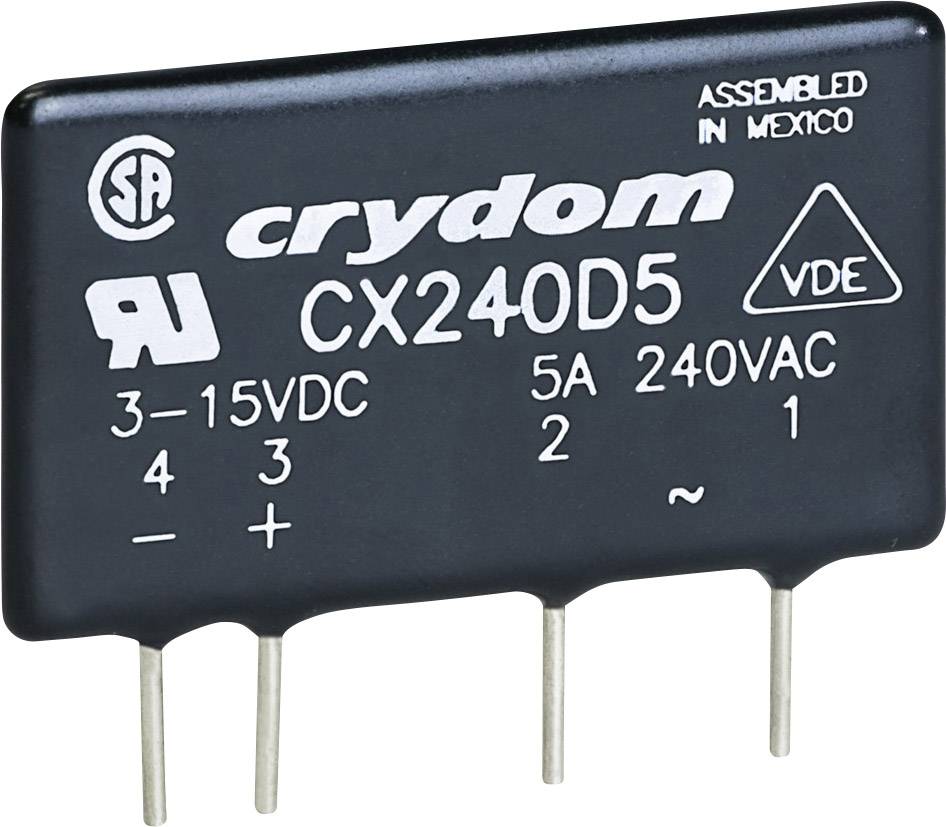Elektronisk komponent 'crydom CX240D5', visar specifikationer: 3-15 VDC ingång, 5A 240VAC utgång. VDE-märkning synlig.