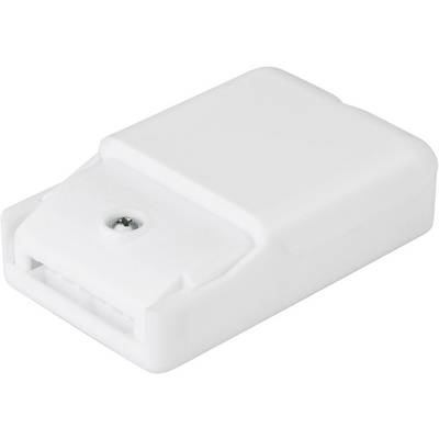 Ett rektangulärt, vitt hölje med en synlig skruv ovanpå. Det verkar vara en teknisk apparat eller en adapter.