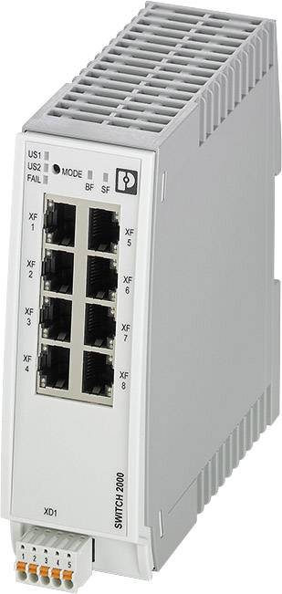 En industriell Ethernet-switch med åtta nätverksportar, monterad på DIN-skena, lämplig för industriella tillämpningar.