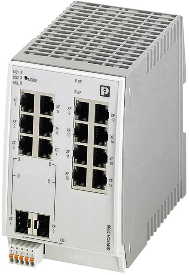 En grå Ethernet-switch med flera LAN-portar på framsidan, lämplig för industriell användning.