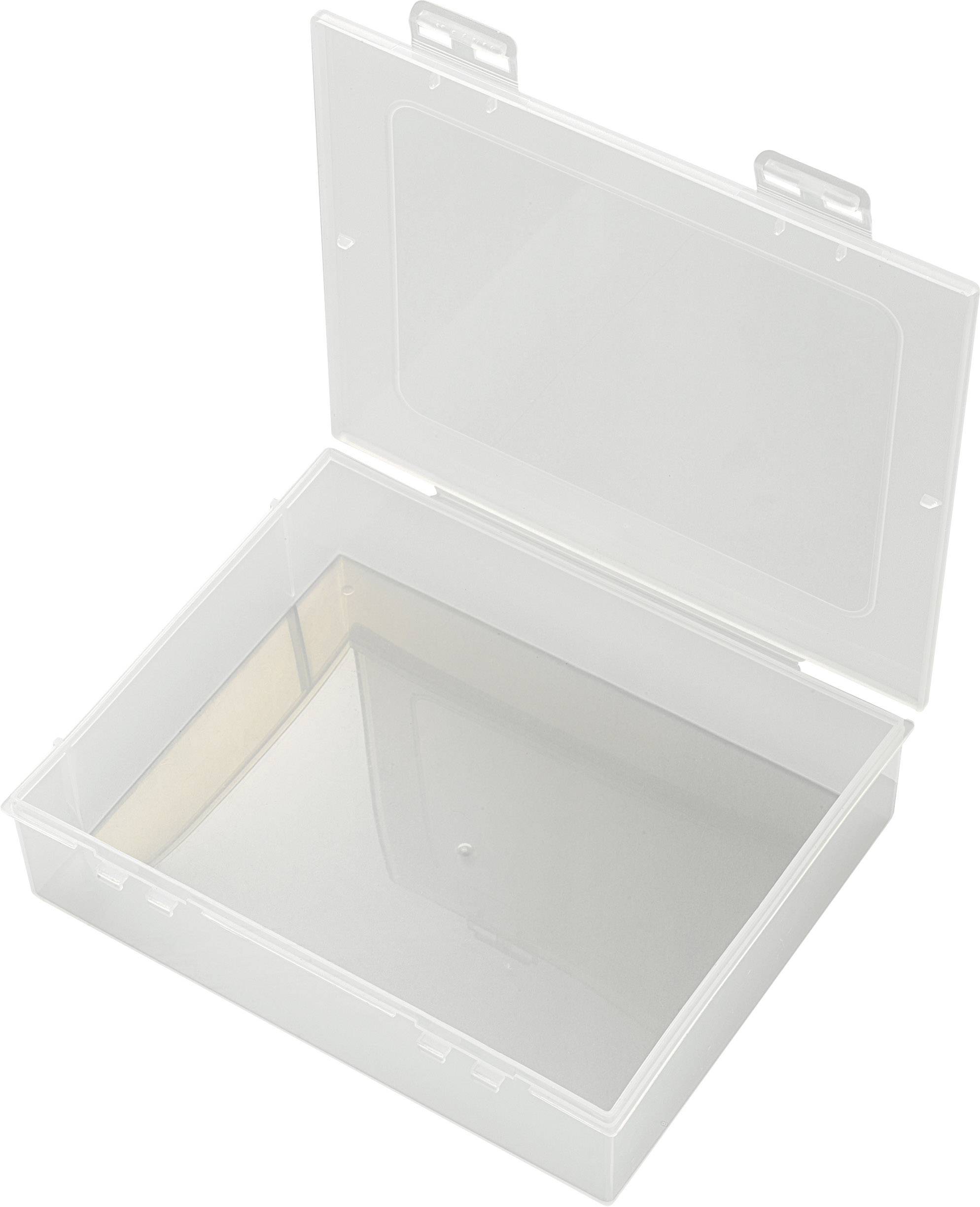 En öppen, genomskinlig plastlåda med viklock. Perfekt för förvaring av mindre föremål eller för att organisera material.