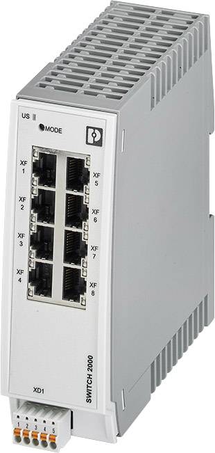 En grå nätverksswitch med åtta Ethernet-portar i två vertikala rader. Modellbeteckning 'Switch-2000' på framsidan.