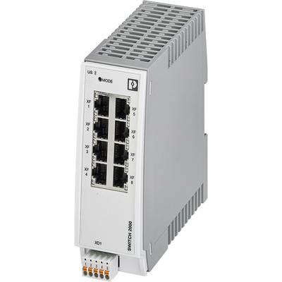 En grå nätverksswitch med åtta Ethernet-portar i två vertikala rader. Modellbeteckning 'Switch-2000' på framsidan.