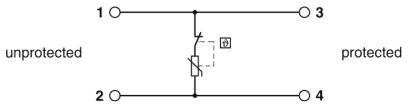 Diagram över en överspänningsskyddsbrytare: Till vänster två oskyddade kontakter, till höger två skyddade, förbundna genom en switch.