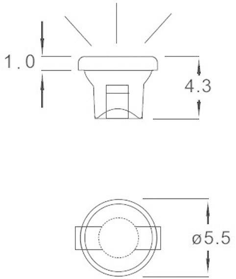 Teknisk ritning av en liten lysdiod (LED) med måttangivelser: höjd 1,0 mm, bredd 4,3 mm, diameter 5,5 mm.