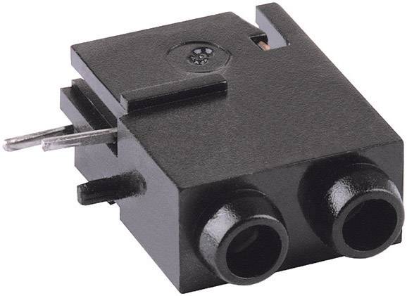 Svart stereo-hörlursuttag med två öppningar och metallstift för montering.