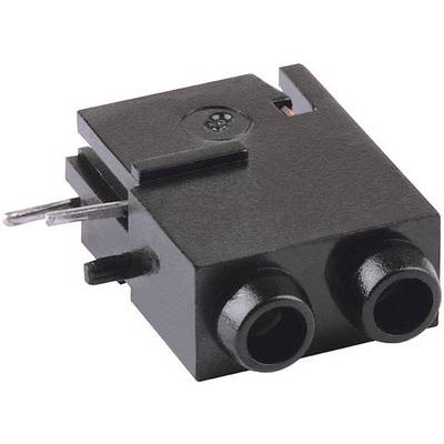 Svart stereo-hörlursuttag med två öppningar och metallstift för montering.