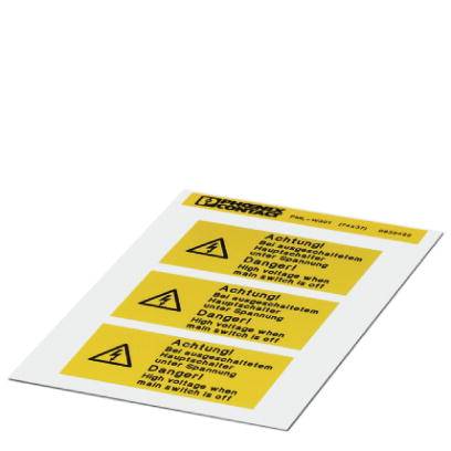 Gult varningsetikett med symbolen för elektrisk fara och texten 'Varning! Högspänning. Rör ej. Livsfara.' på flera språk.