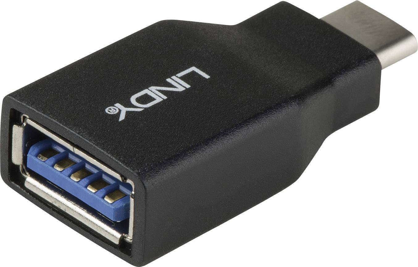 En USB-C till USB-A-adapter i svart, märkt med 'LINDY', visar ingångs- och utgångskontakterna.