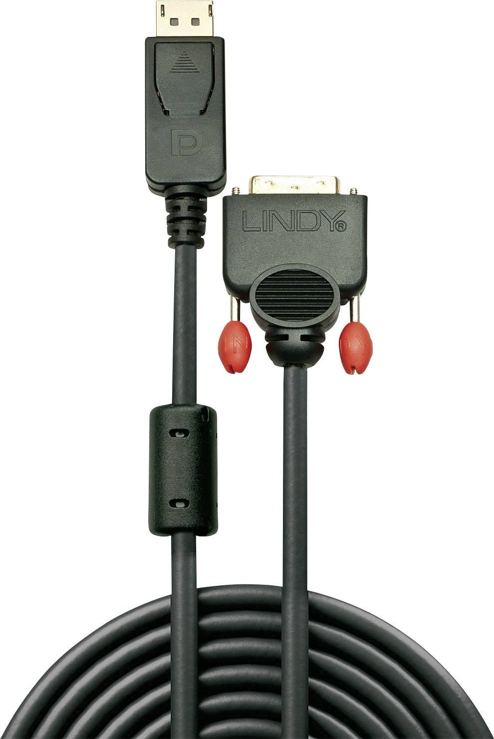 Kabel med DisplayPort- och DVI-kontakter. Vänster: DisplayPort-kontakt, höger: DVI-kontakt. Märke 'LINDY'.