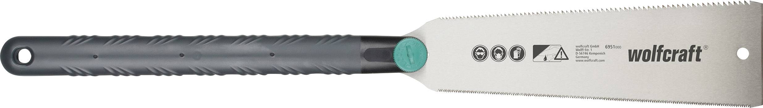 Japansk handsåg med svart handtag och silverfärgat sågblad, där varumärkets logotyp och symboler syns.