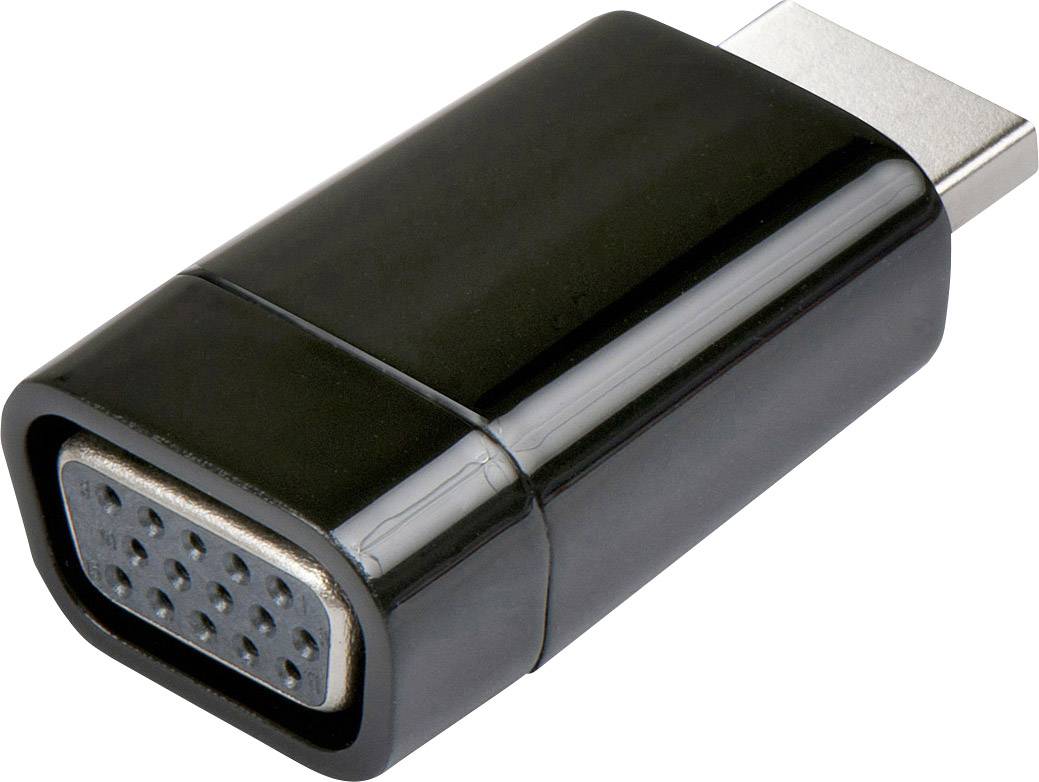 En svart VGA-till-HDMI-adapter som används för att ansluta VGA-enheter till en HDMI-port.