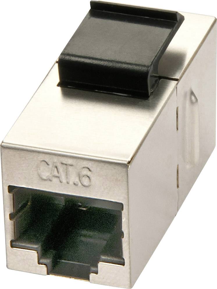 En silverfärgad CAT.6-nätverkskontakt med svart hölje, lämplig för Ethernet-anslutningar i IT-infrastrukturer.