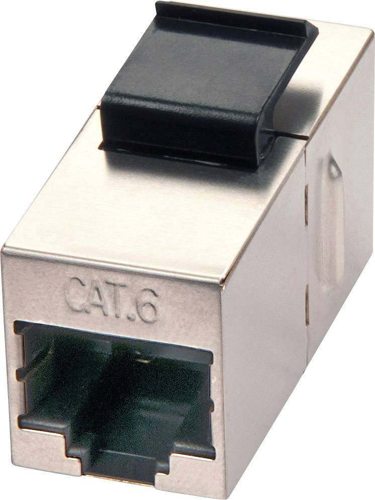 En Cat.6-nätverksadapter med metallhölje. Används för att ansluta Ethernet-kablar för höghastig dataöverföring.