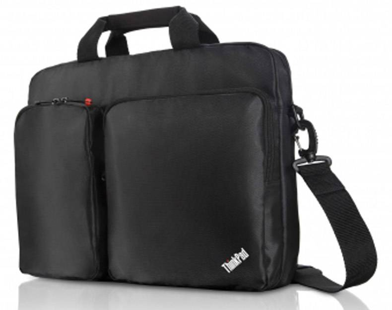 En svart laptopväska med två framfickor och en axelrem.