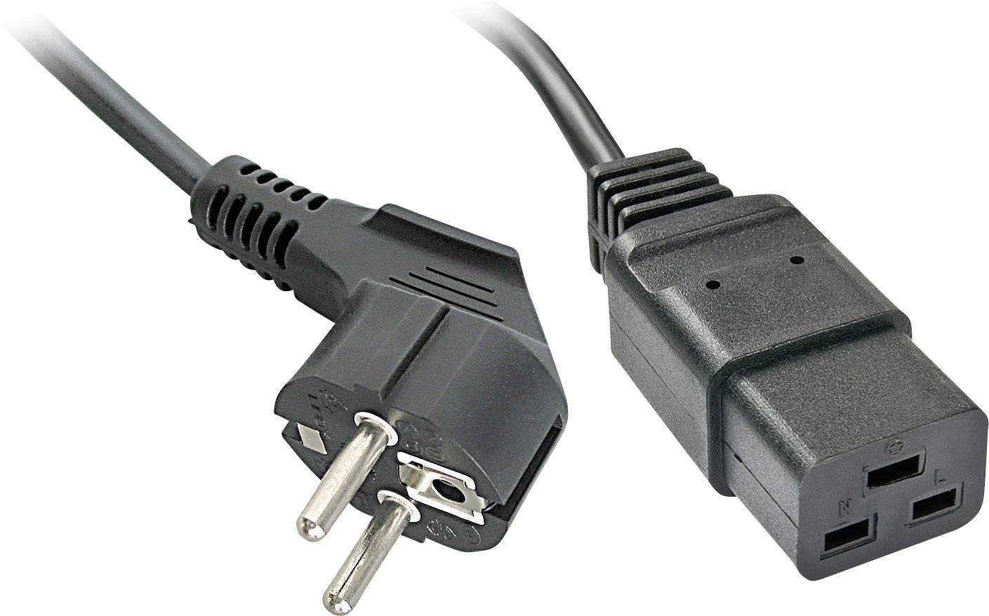 En svart nätverkskabel med en eurokontakt till vänster och en IEC-kontakt till höger, för anslutning av elektroniska enheter.