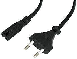 'Svart nätverkskabel med tvåpolig eurokontakt och hona IEC-anslutning, lämplig för elektroniska enheter.'