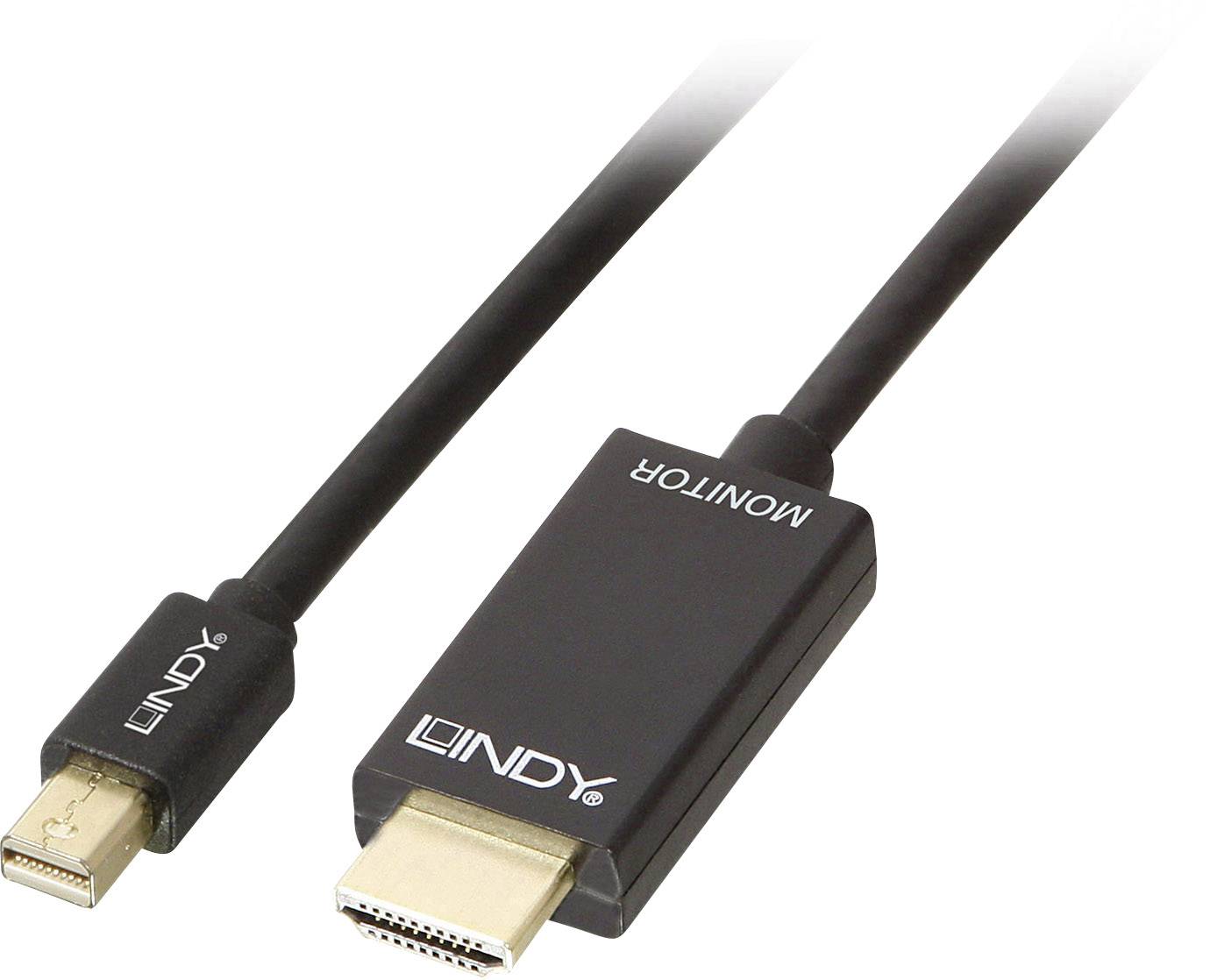 Två kablar med HDMI- och Mini-DisplayPort-kontakter, svarta, från märket 'Lindy'. Idealiska för att ansluta enheter med olika kontakttyper.