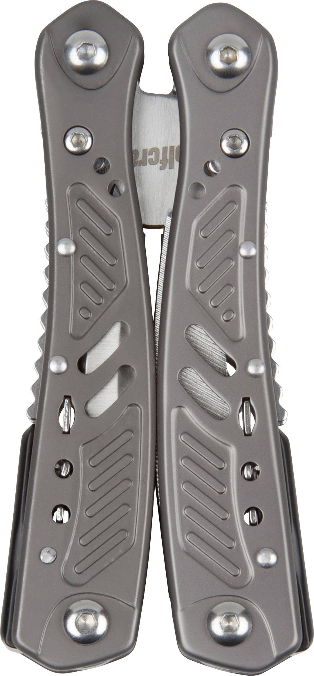 Silverfärgat multiverktyg i stängt läge. Synliga är ergonomiskt formade handtag med flera springor och skruvar.