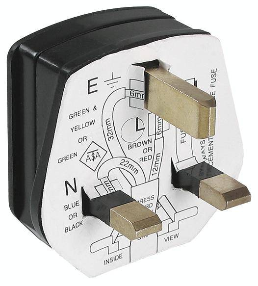 Nätkontakt med jord-, neutral- och fasstift, märkningar visar kabelfärgerna: Grön/Gul, Blå, Brun.