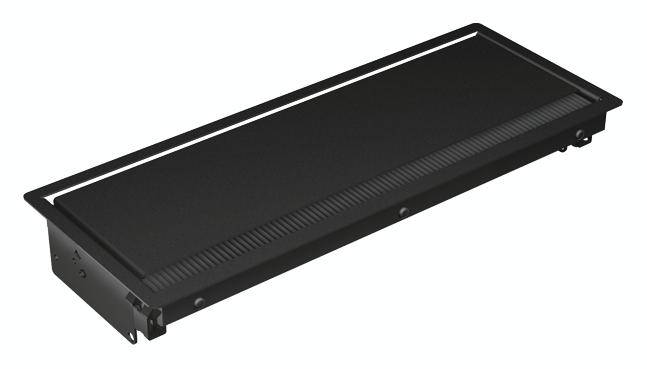 Svart rektangulär metallåda med ventilationsspringor, sannolikt en del av ett elektroniskt apparatfodral.