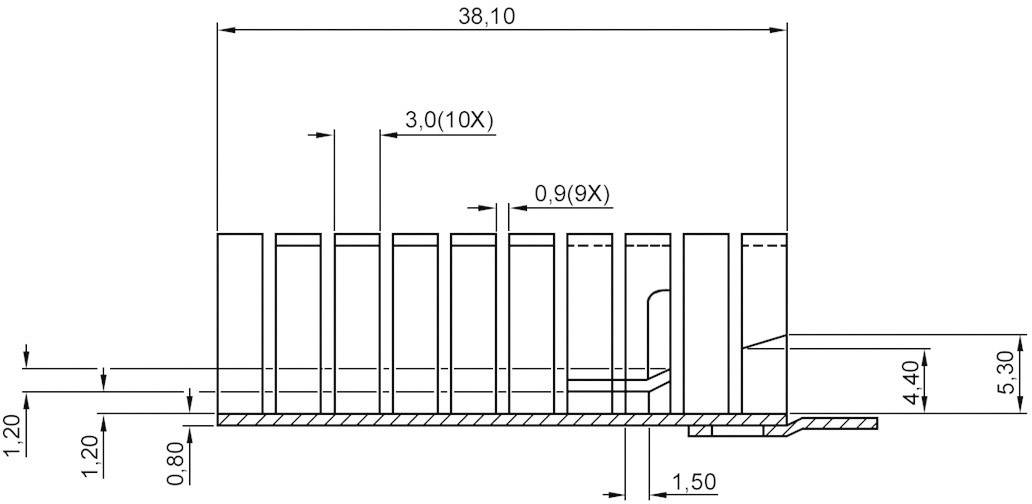 Teknisk ritning av en kontakt med dimensionsangivelser. Huvudmåtten är 38,10 mm längd och 5,30 mm höjd, visar pinnfördelning och djup.