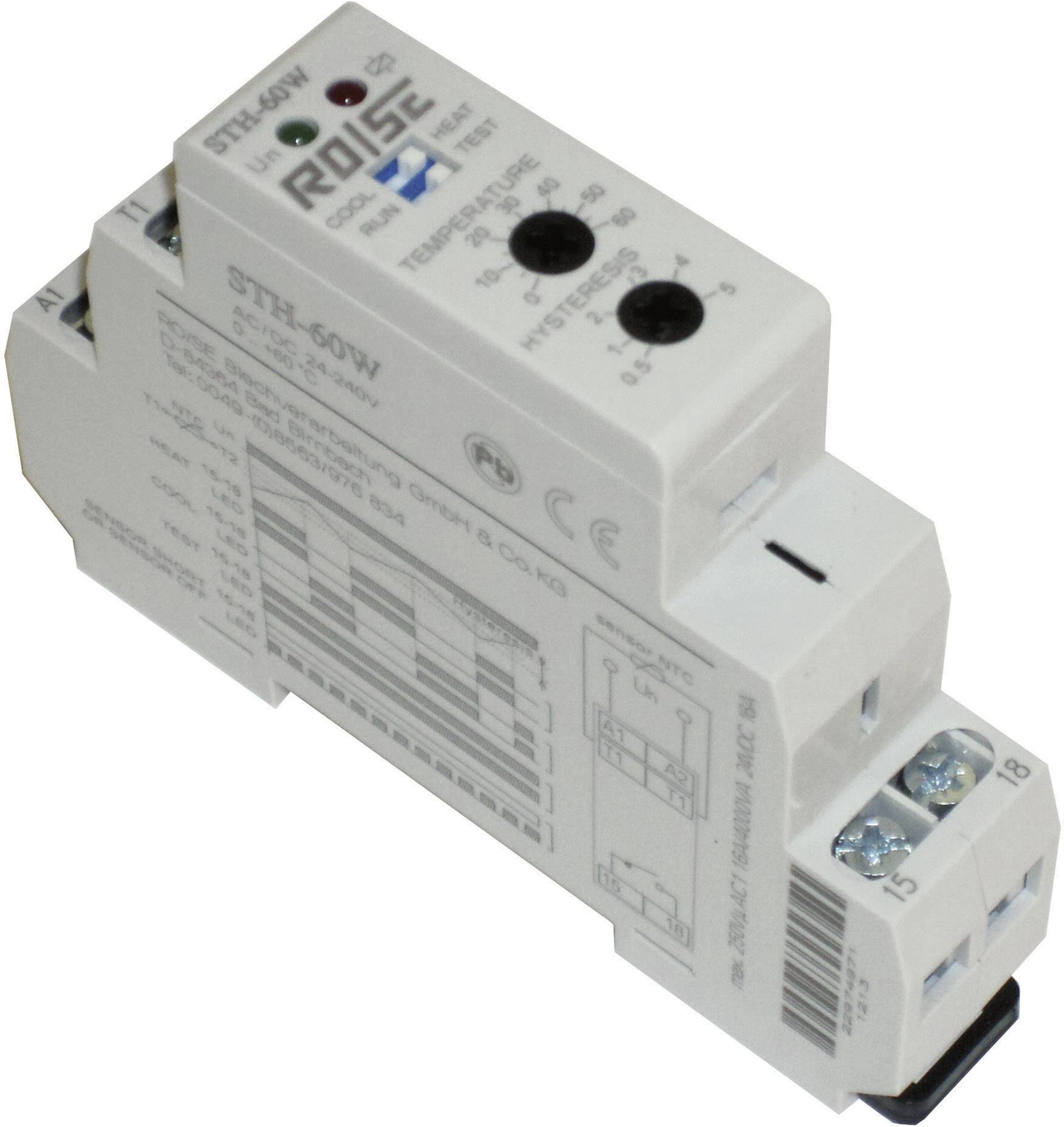 En vit elektronisk termostatregulator för DIN-skena med knappar för temperaturinställning, tekniska tryck och anslutningsklämmor.